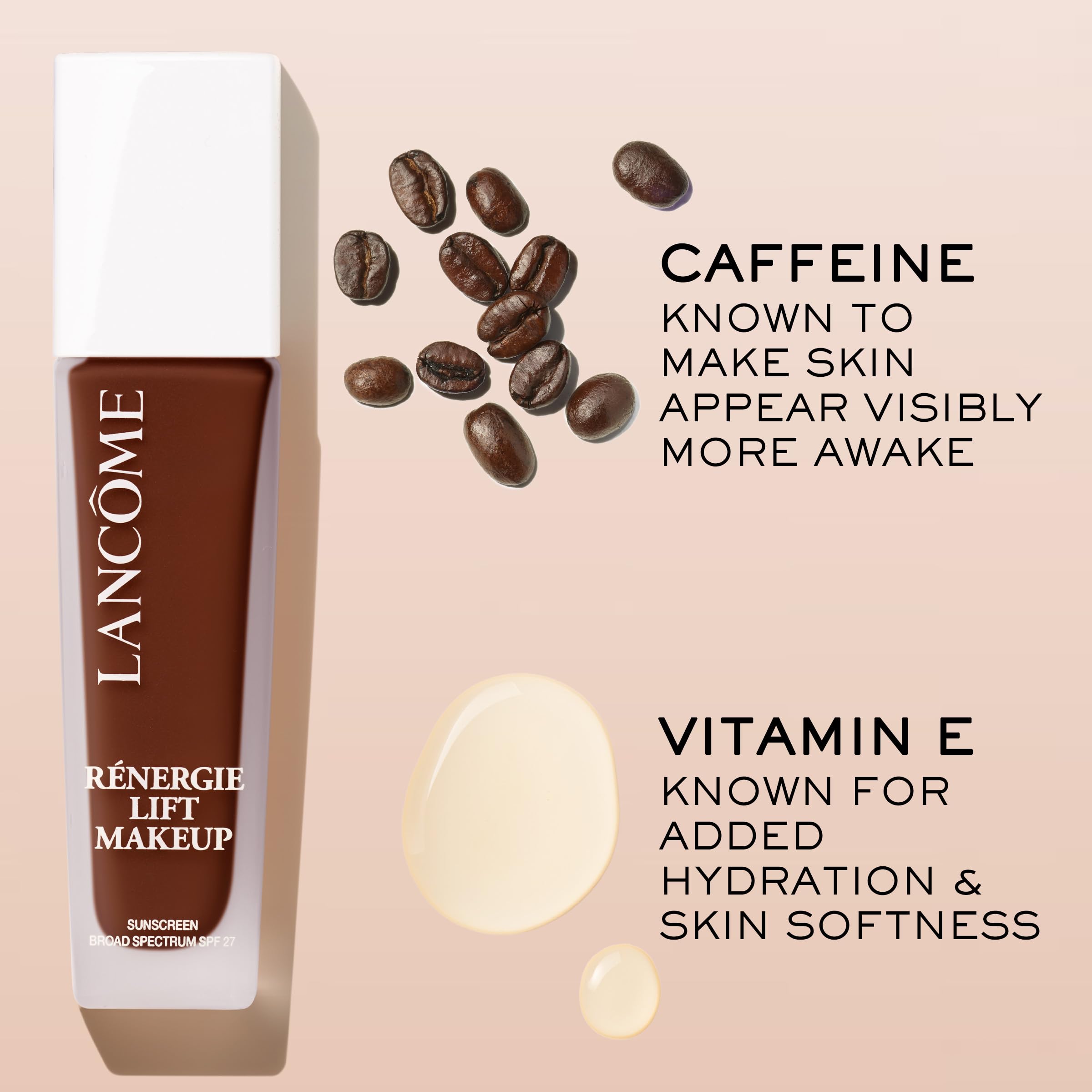 Lancôme bottle beside ruler showing product size and travel-friendly benefit