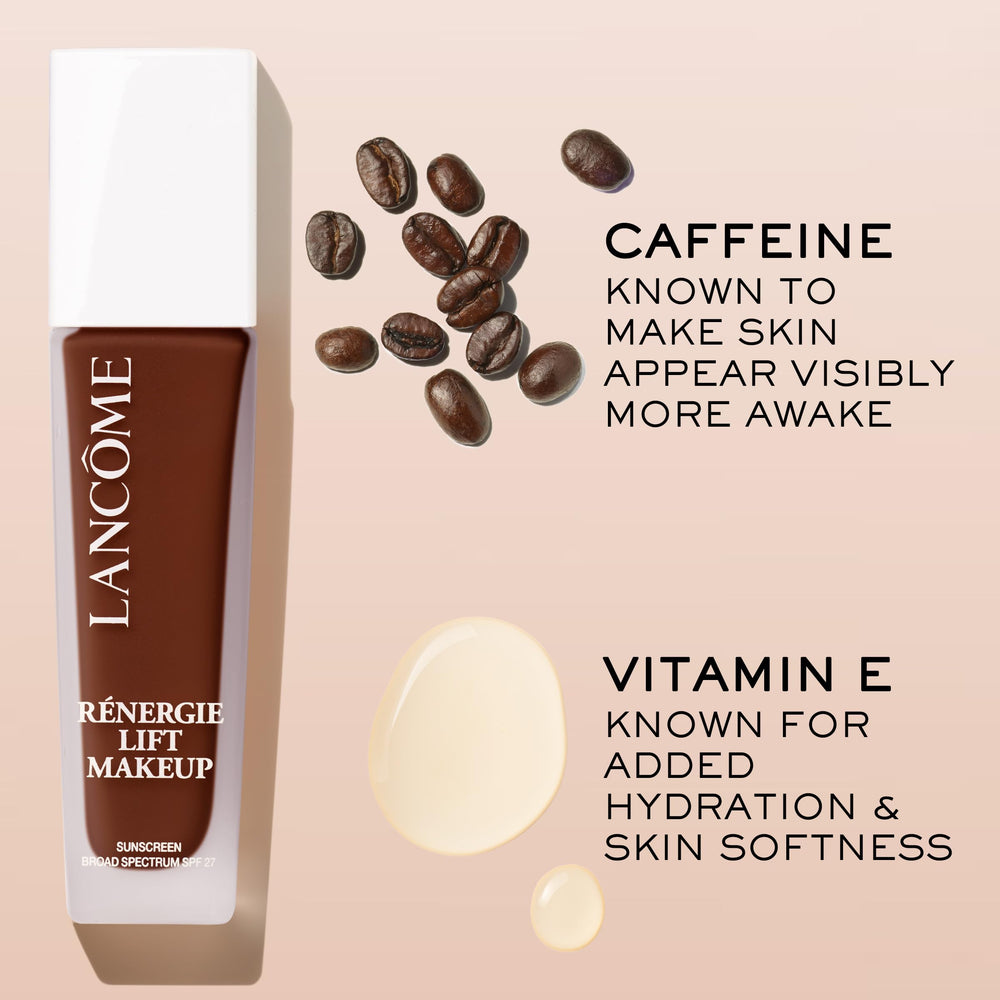 Lancôme label close-up highlighting caffeine and iris extract benefits