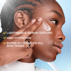 Lancôme bottle beside makeup showing sunscreen doubles as primer and protector