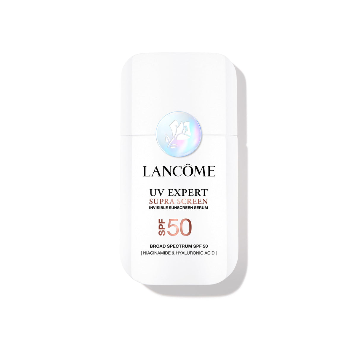 Lancôme front shot of Supra Screen sunscreen showing sleek bottle and SPF protection