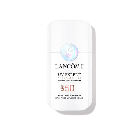 Lancôme front shot of Supra Screen sunscreen showing sleek bottle and SPF protection