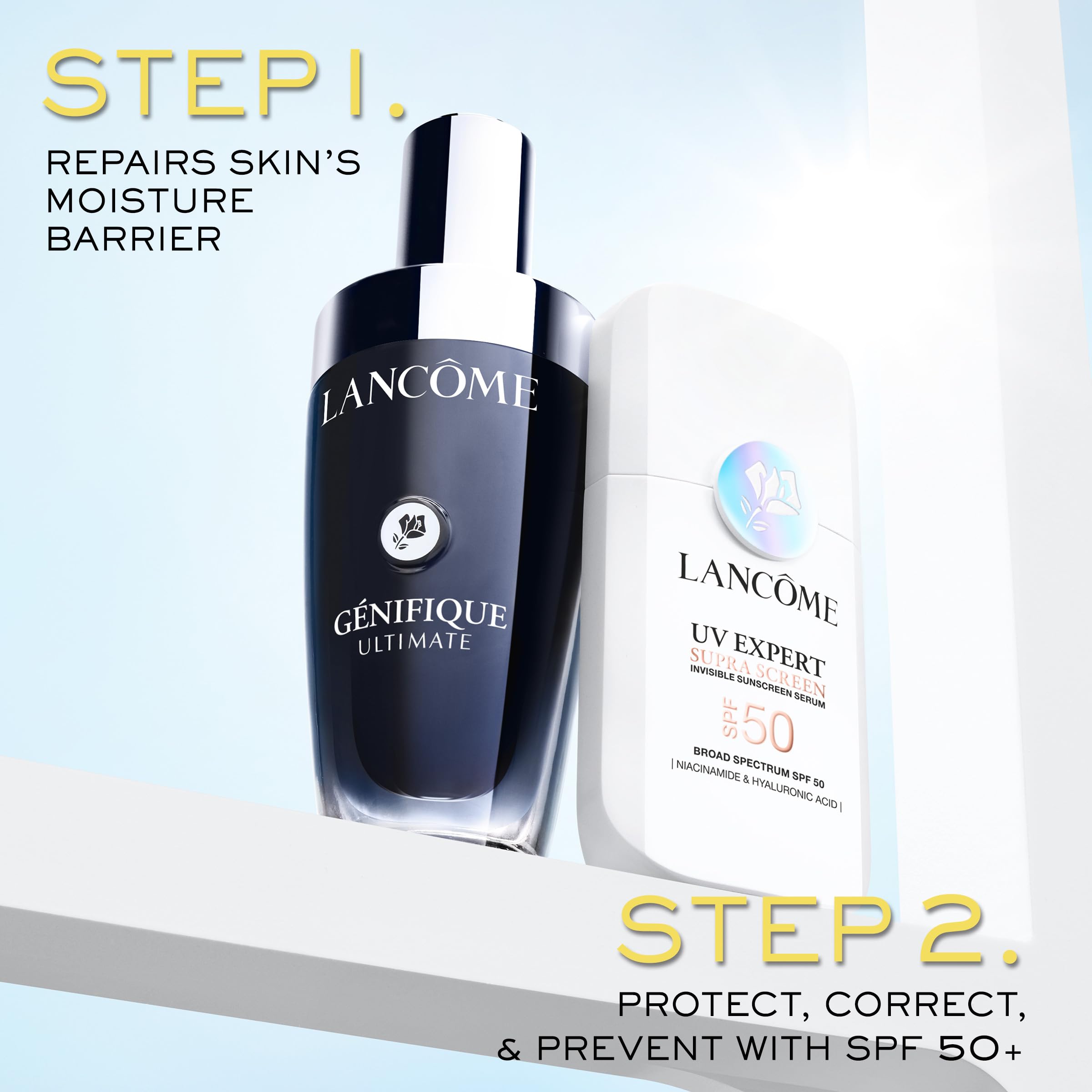Lancôme lifestyle morning routine scene showing fast-absorbing protection and glow