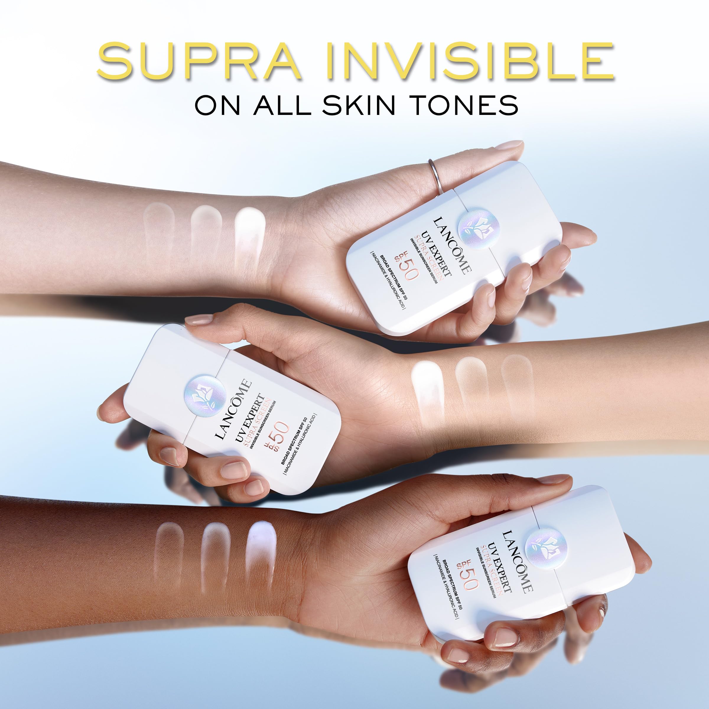 Lancôme size comparison in hand indicating portable everyday sunscreen travel-friendly