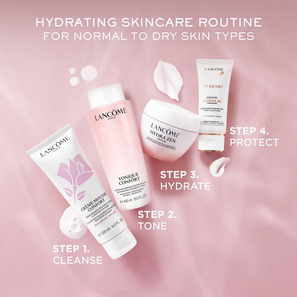 Lancôme before and after skin comparison suggesting improved texture and glow benefit
