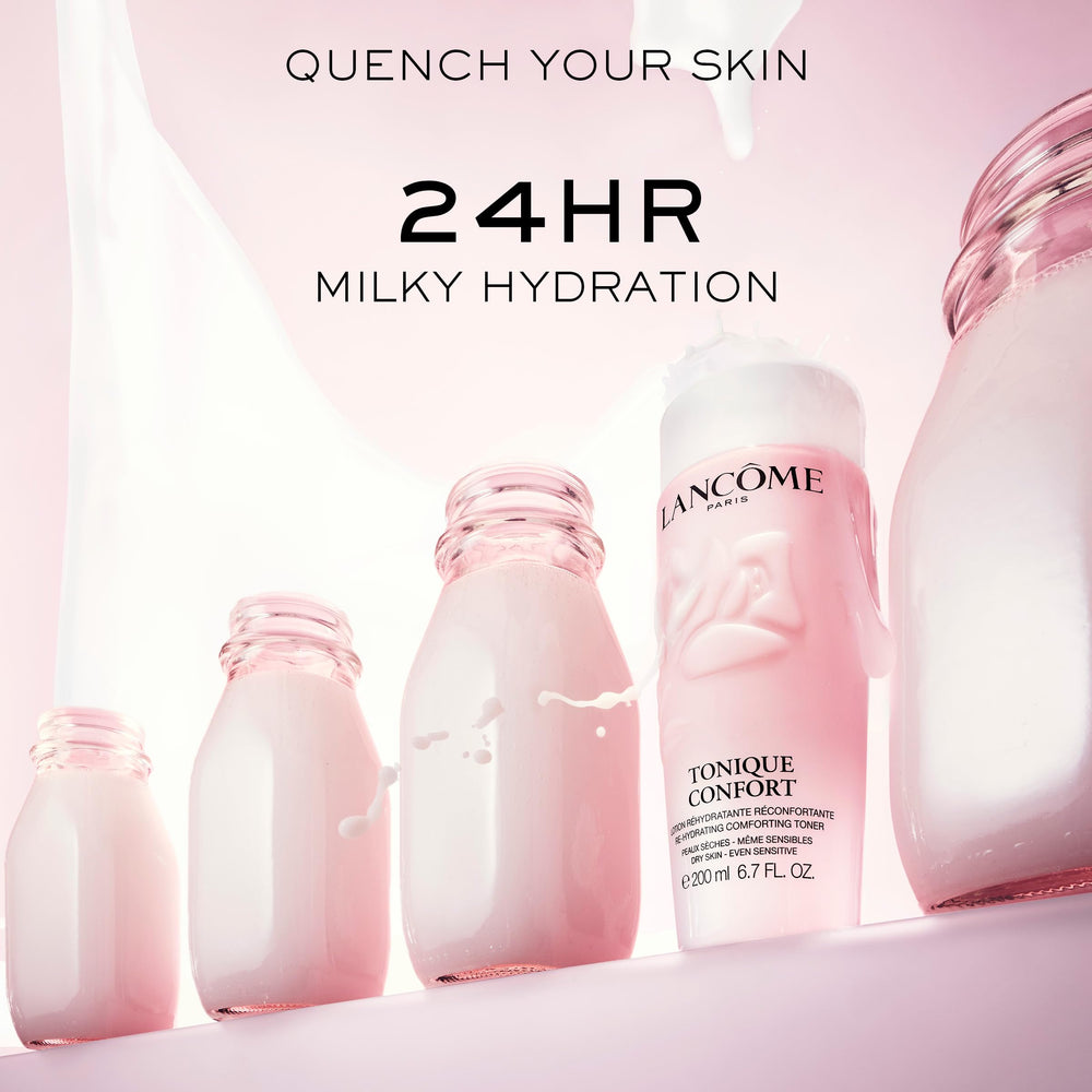 Lancôme bottle next to everyday items for size comparison and travel-friendly benefit