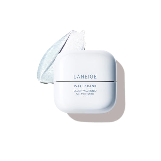 LANEIGE front jar of Water Bank Blue Hyaluronic Gel showing cooling packaging and clarity benefit