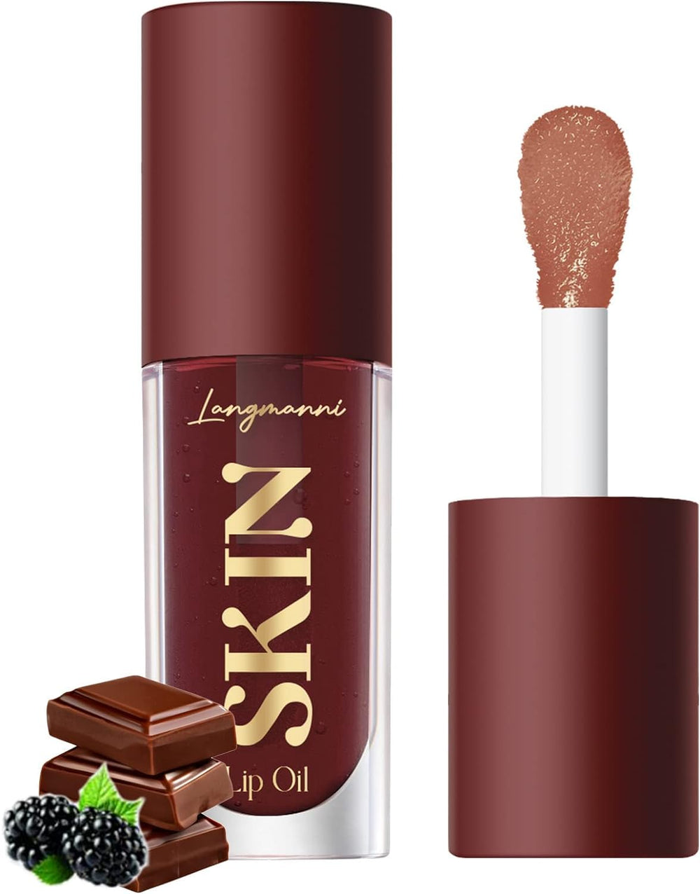 LANGMANNI chocolate lip oil front packaging showing sleek tube and brand