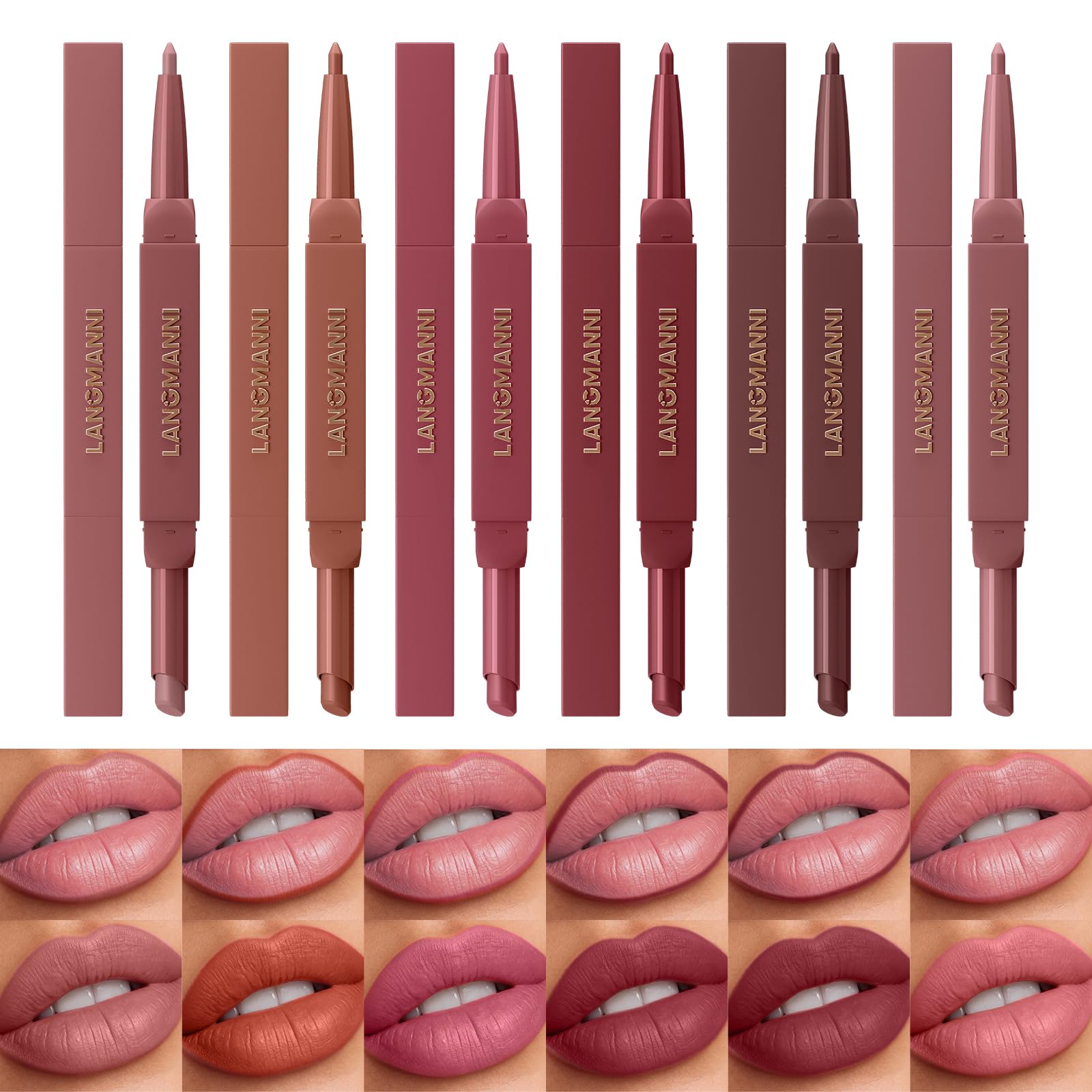 LANGMANNI front box set showing six dual-ended lip duos and gift packaging benefit