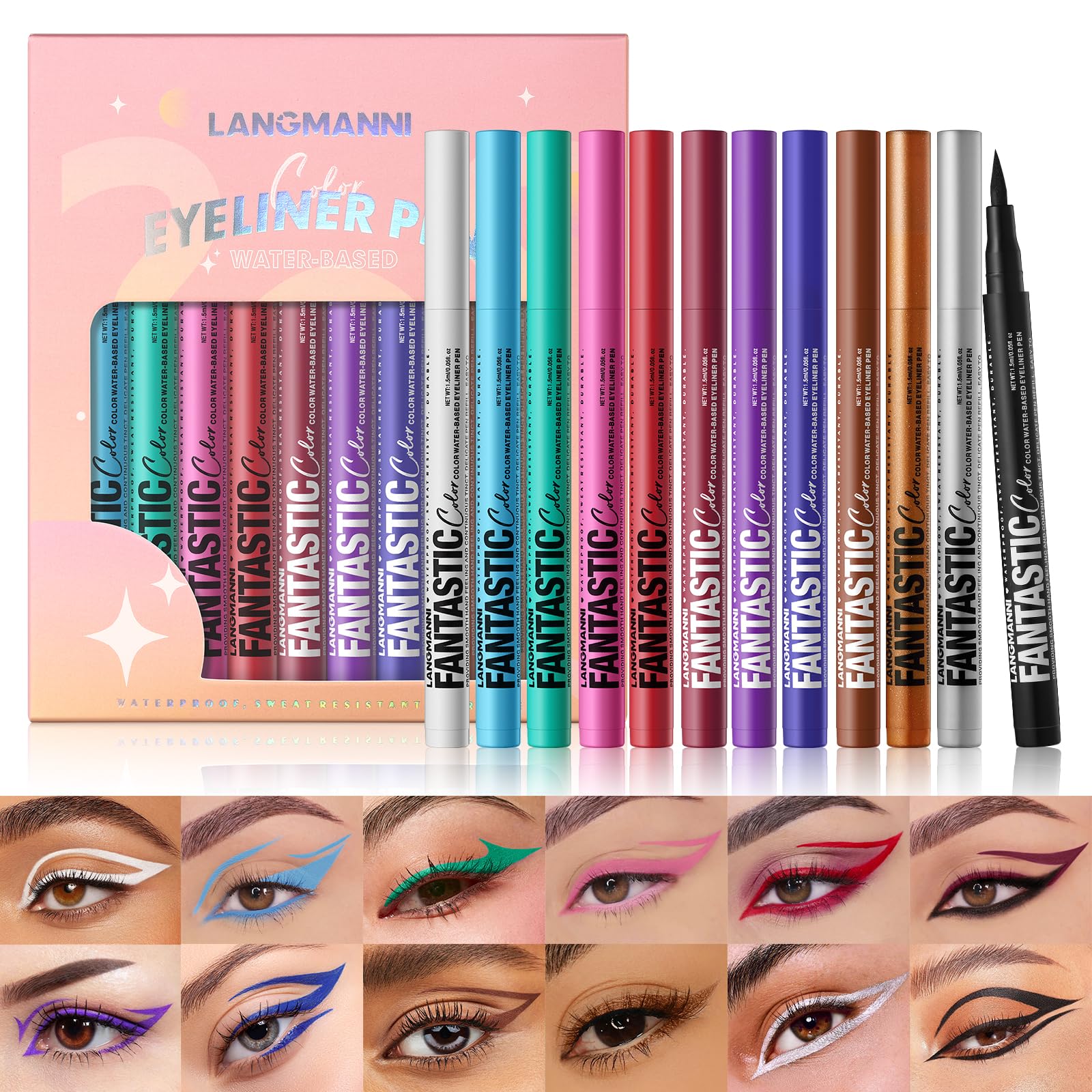 LANGMANNI front packaging showing all 12 eyeliners and vivid colors