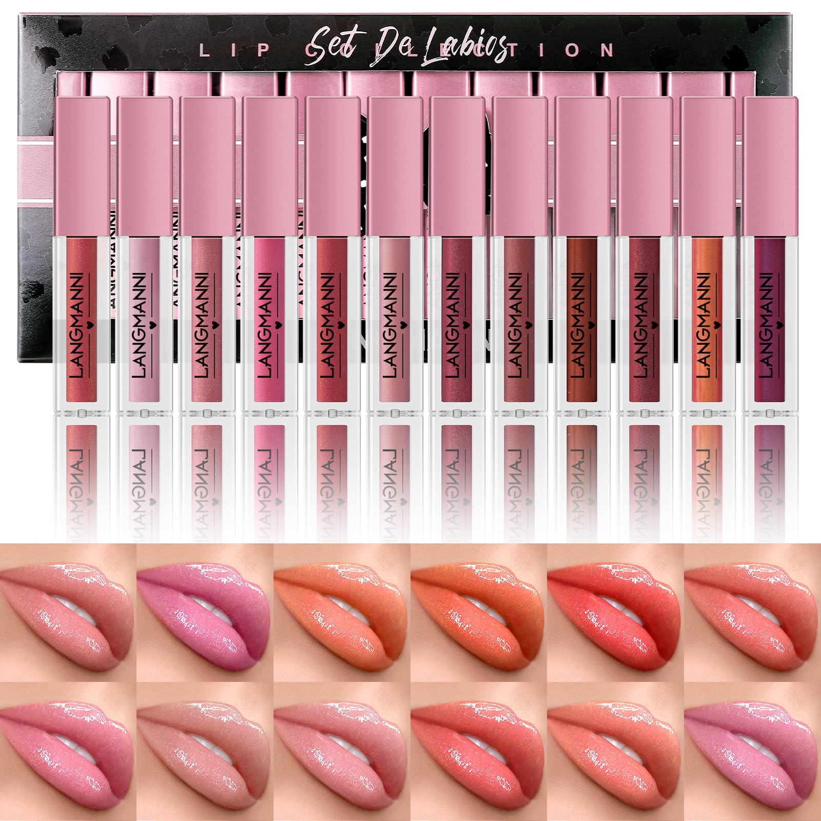 LANGMANNI front packaging showing all twelve mini glosses and variety benefit