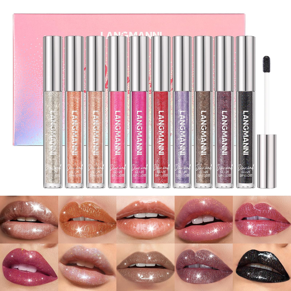LANGMANNI front packaging showing full lip gloss set, great gift presentation