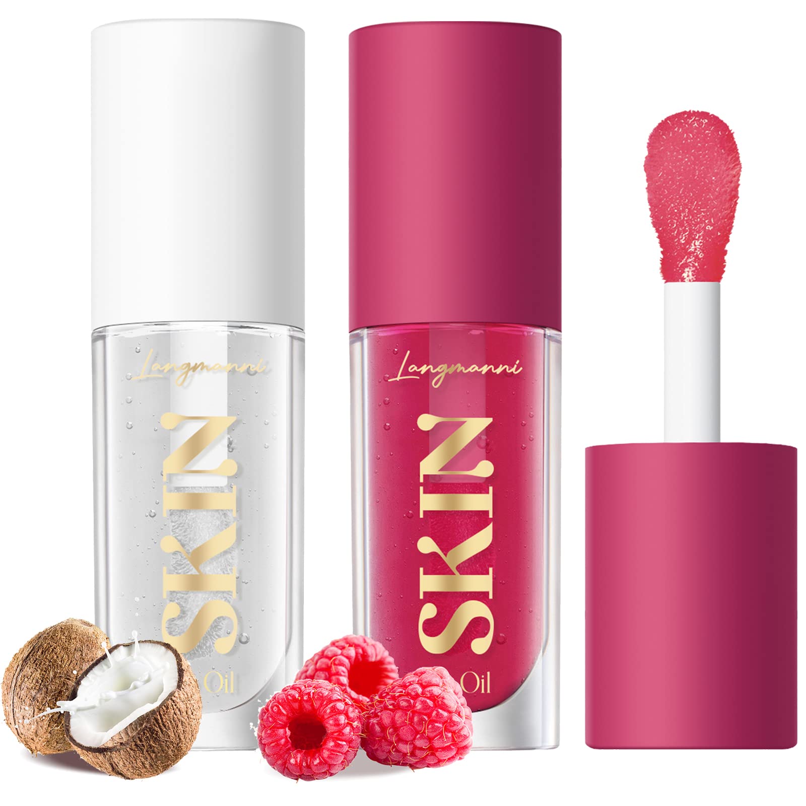 LANGMANNI front packaging showing clear glossy tube and raspberry coco scent benefit