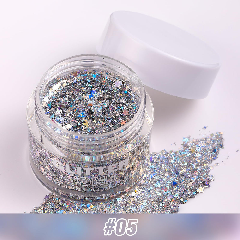 LANGMANNI open jar revealing glitter-packed gel for long-lasting sparkle