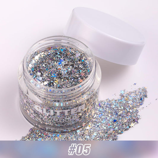 LANGMANNI open jar revealing glitter-packed gel for long-lasting sparkle