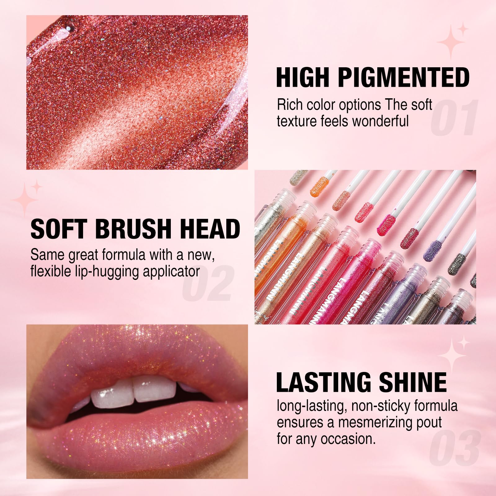 LANGMANNI model wearing rose gloss, flattering high-shine everyday look