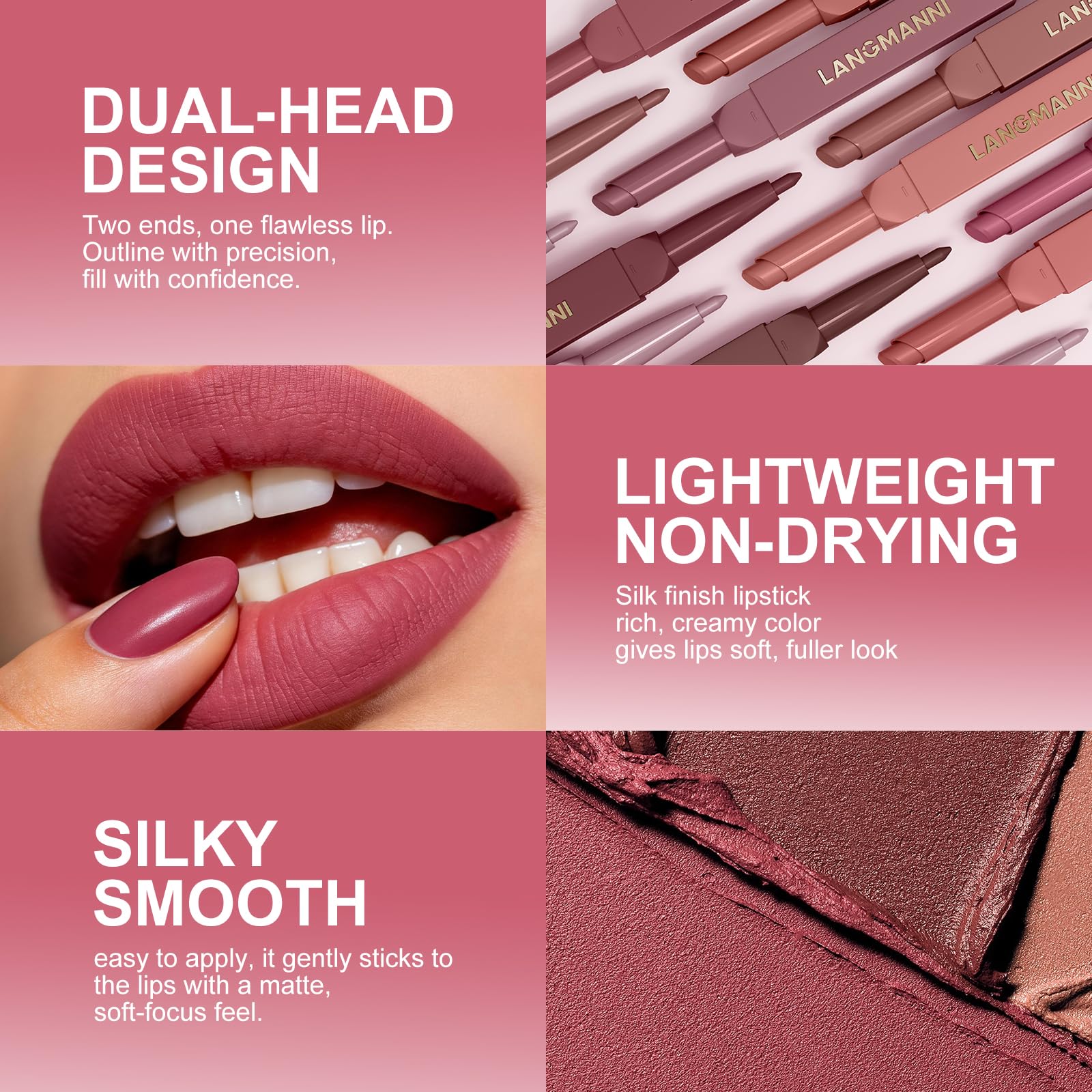 LANGMANNI six shades laid out to show color variety for different looks