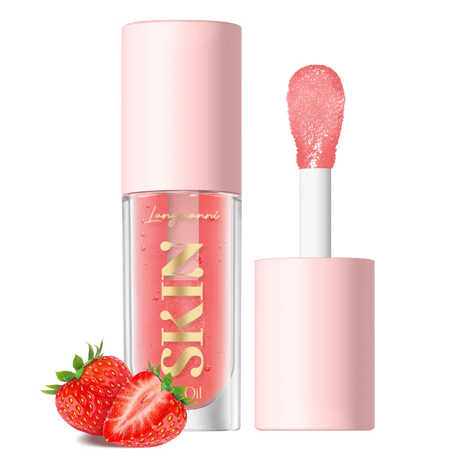 LANGMANNI front packaging showing clear glossy strawberry lip oil and benefit of shine