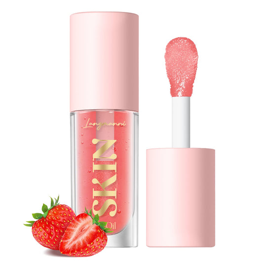 LANGMANNI front packaging showing clear glossy strawberry lip oil and benefit of shine
