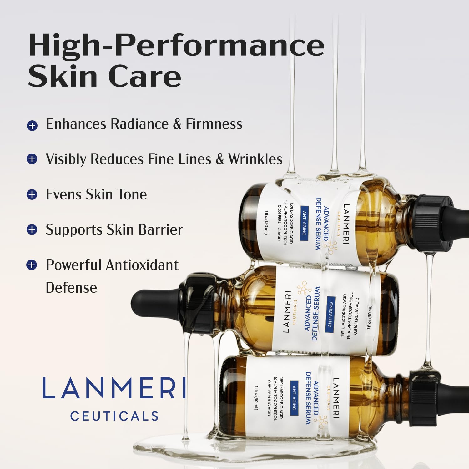 Lanmeri ingredients grouped to highlight vitamin C, vitamin E, and ferulic acid synergy benefit