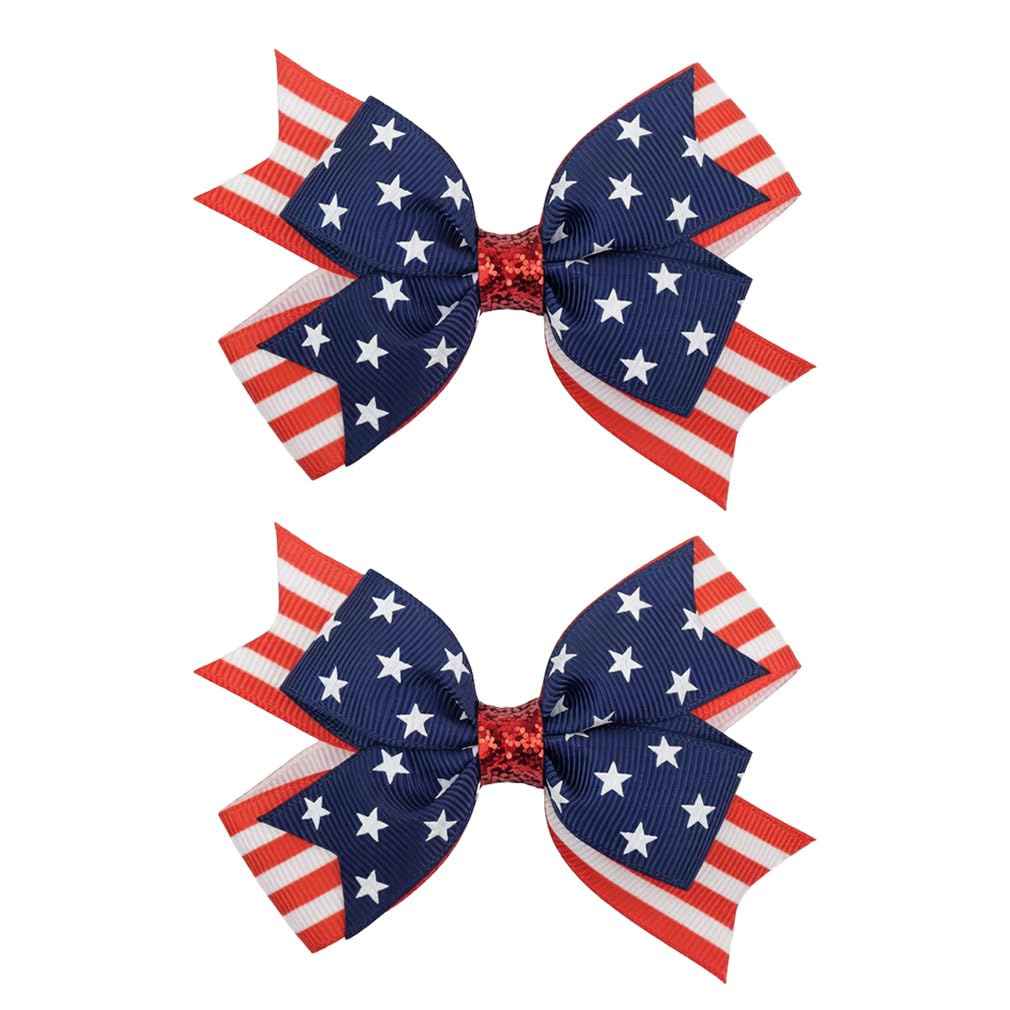 Lanmerry front view red white blue bow clip showing bold flag-inspired pattern and festive look