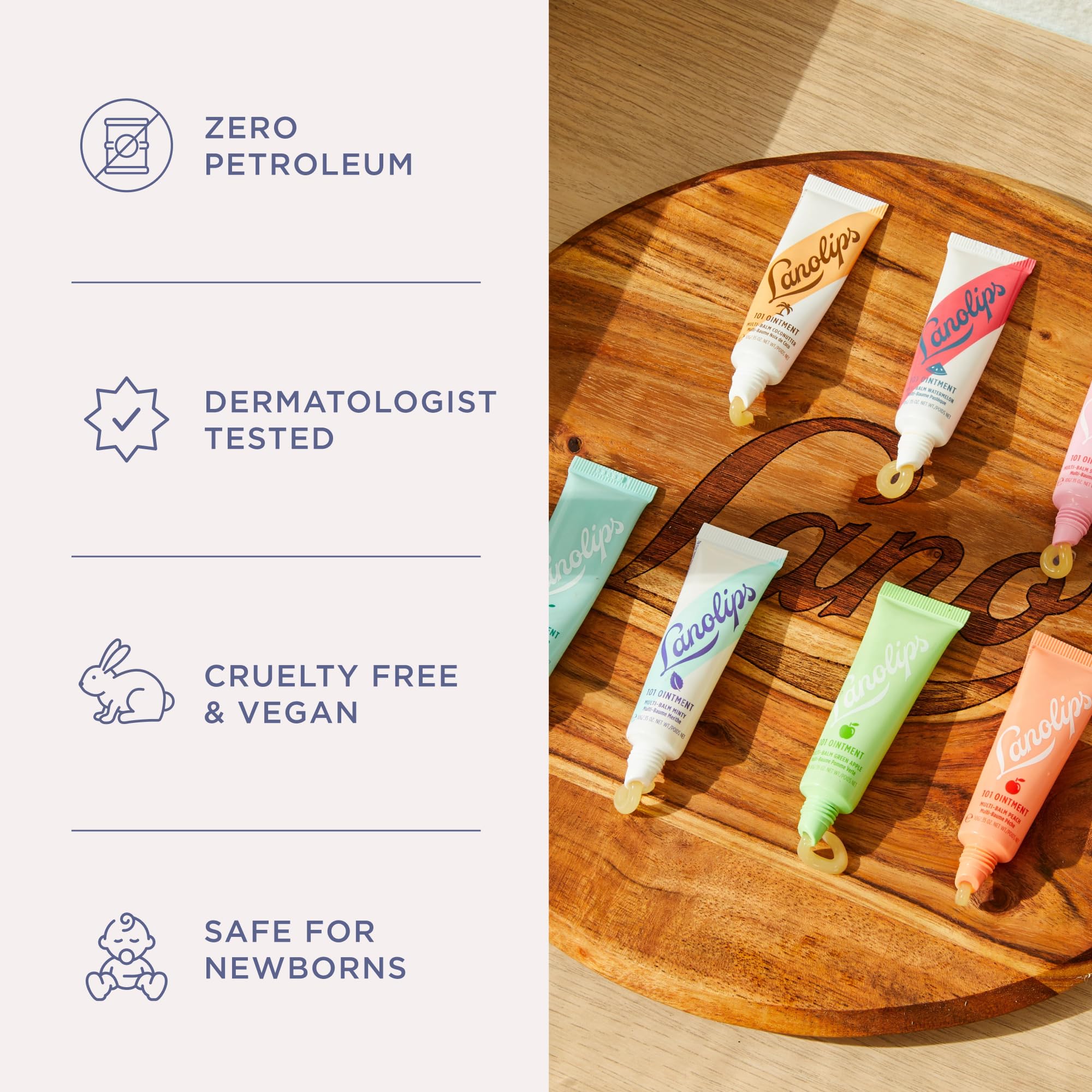 Lanolips ingredient label close-up highlighting clean, petrolatum-free formula