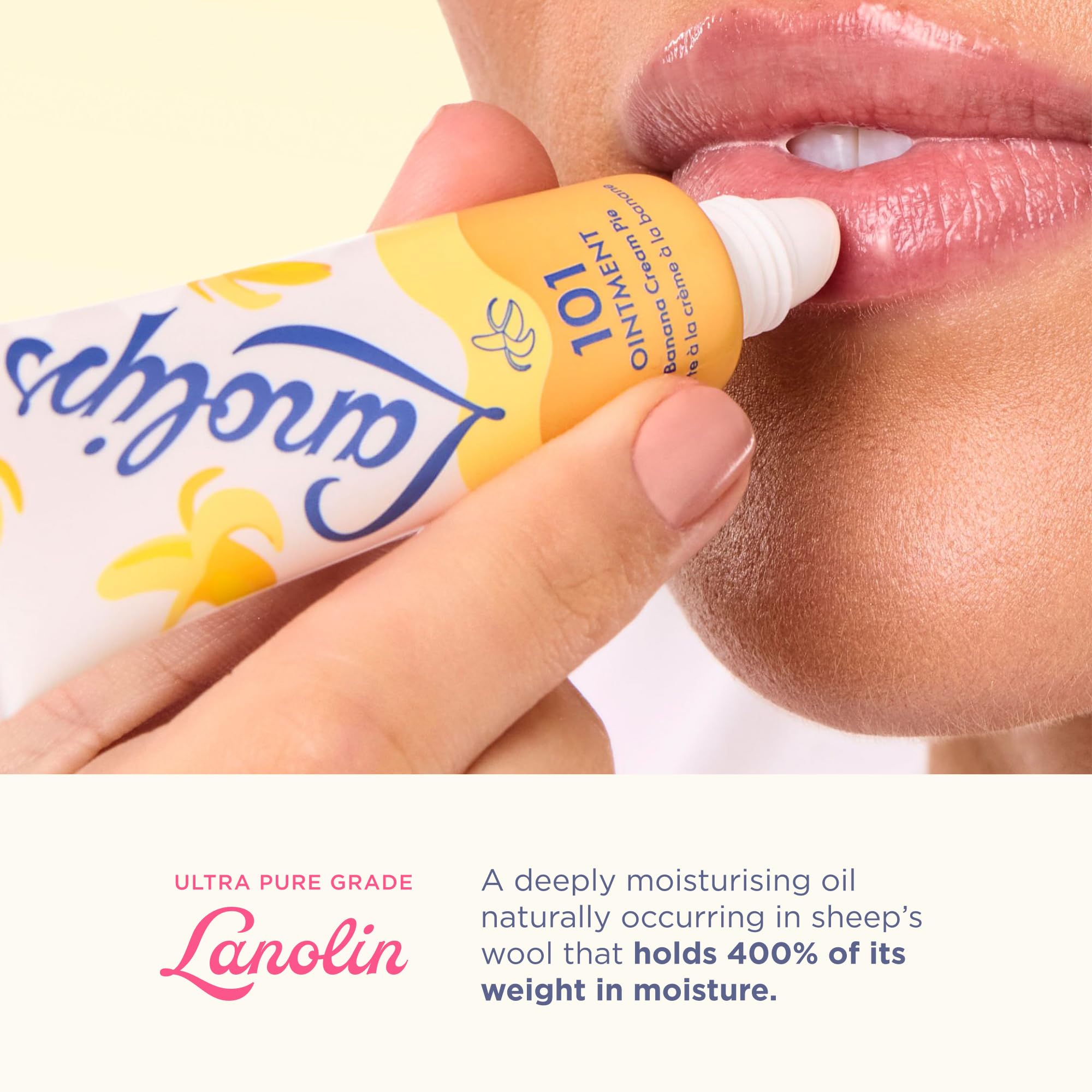 Applying Lanolips balm to lips for immediate soothing and protection benefit