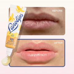 Lanolips tin beside a coin showing 0.35 oz travel-friendly size benefit