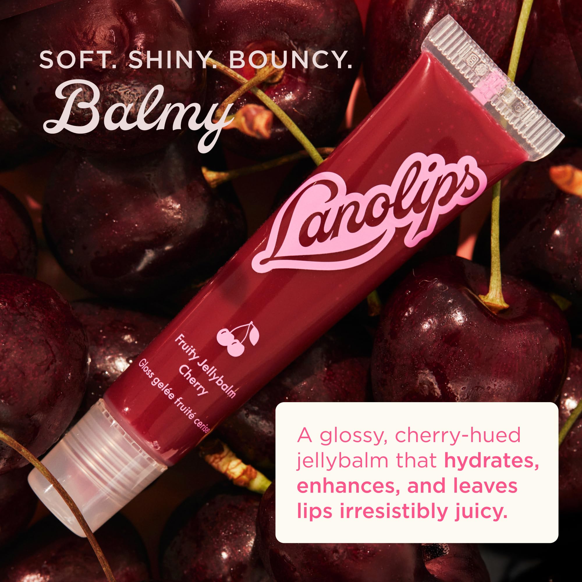 Lanolips cherry open texture close-up showing glossy jelly finish and hydration