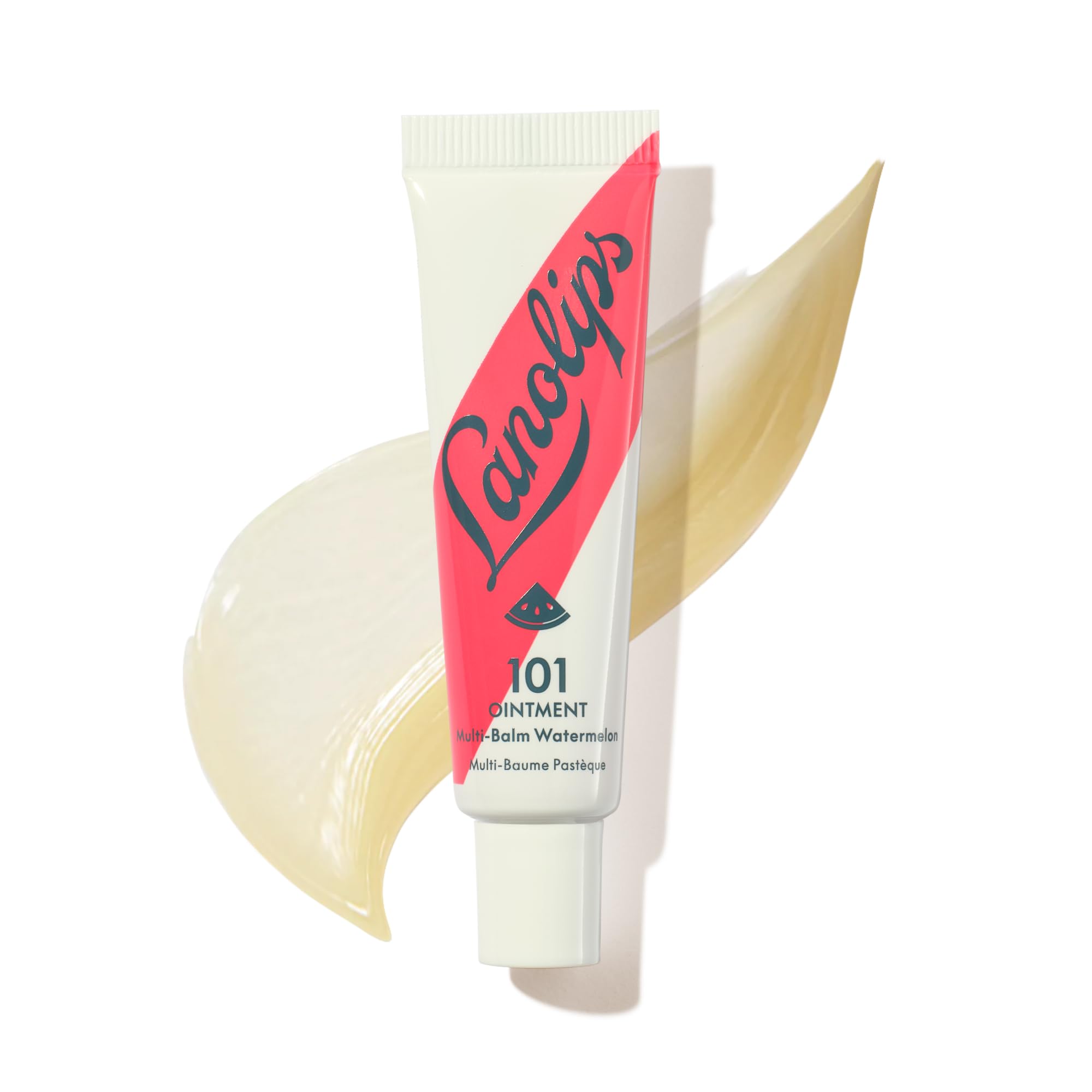 Lanolips front packaging watermelon flavor showing compact tube and labeling, travel-friendly benefit