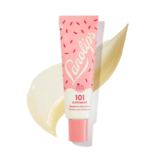 Lanolips front tin showing raspberry shortcake label and portability benefit