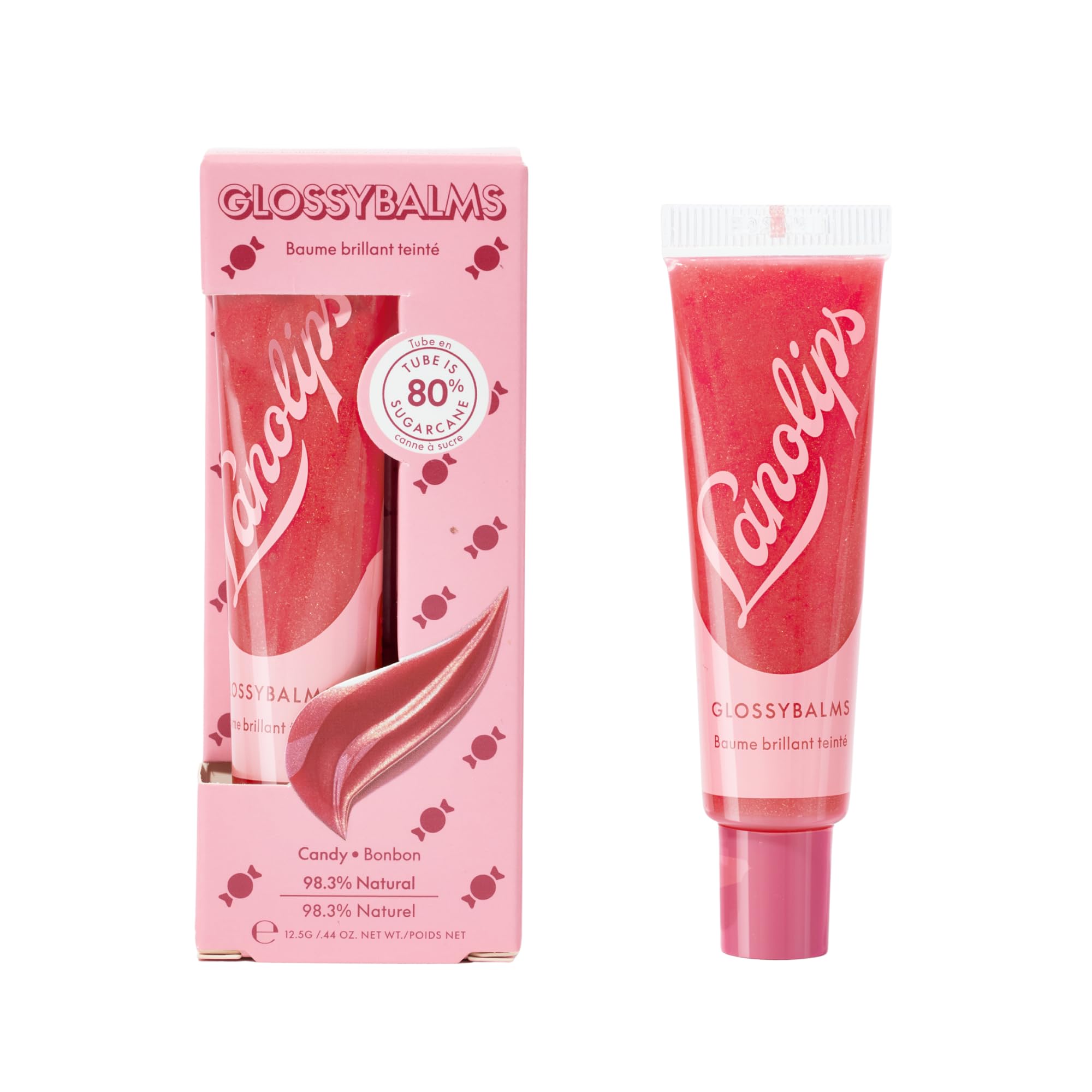 Lanolips Glossybalm Candy front tube showing label and glossy finish benefit