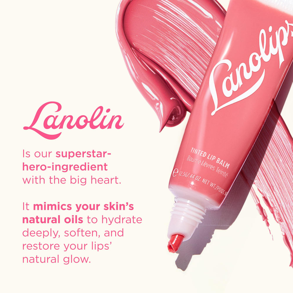 Lanolips Rhubarb swatched on lips adds sheer rosy tint and glow