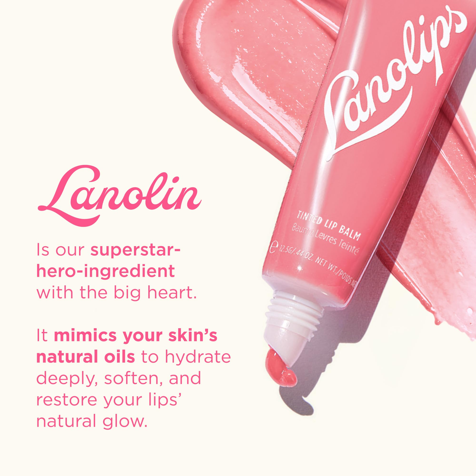 Close-up of Lanolips product label highlighting ingredients and clean-beauty benefits