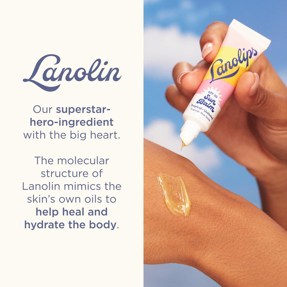 Lanolips next to a finger to show 0.44 oz travel-friendly size