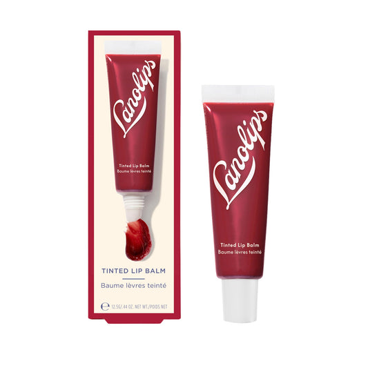Lanolips spice front tube showing glossy tinted balm and compact size benefit
