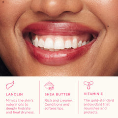Lanolips spice swiped on lips closeup showing sheer warm tint and shine