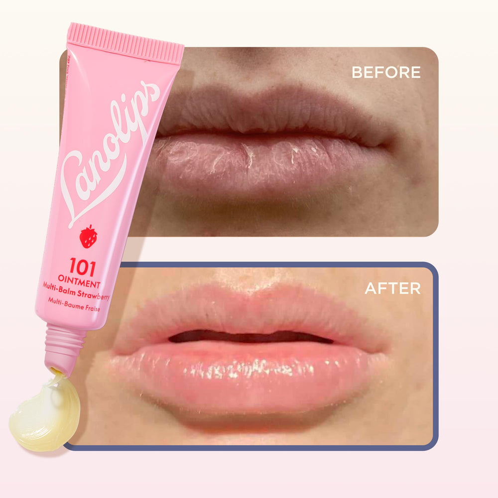 Lanolips Strawberry held in hand beside coins to show compact 0.35 oz travel-friendly size