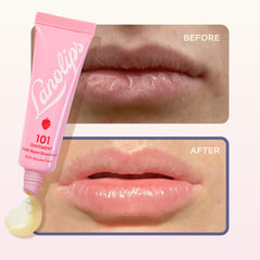 Lanolips Strawberry held in hand beside coins to show compact 0.35 oz travel-friendly size