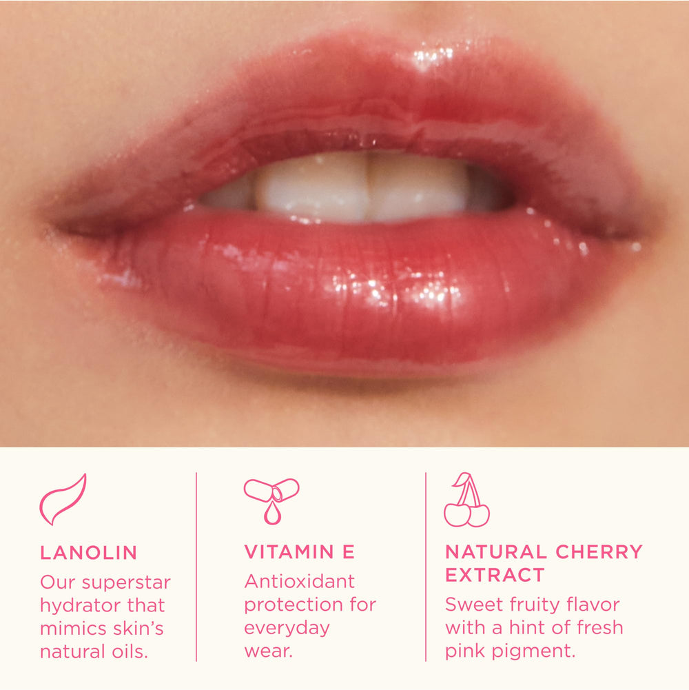 Lanolips strawberry jelly texture close-up, highlights glossy, bouncy finish