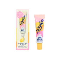 Lanolips tube front view showing tropical SPF 30 lip balm and protective cap
