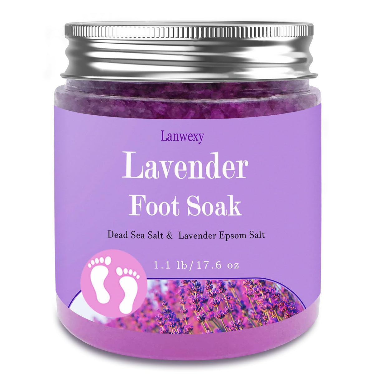 Lanwexy front packaging showing jar and lavender, promotes spa-like foot care