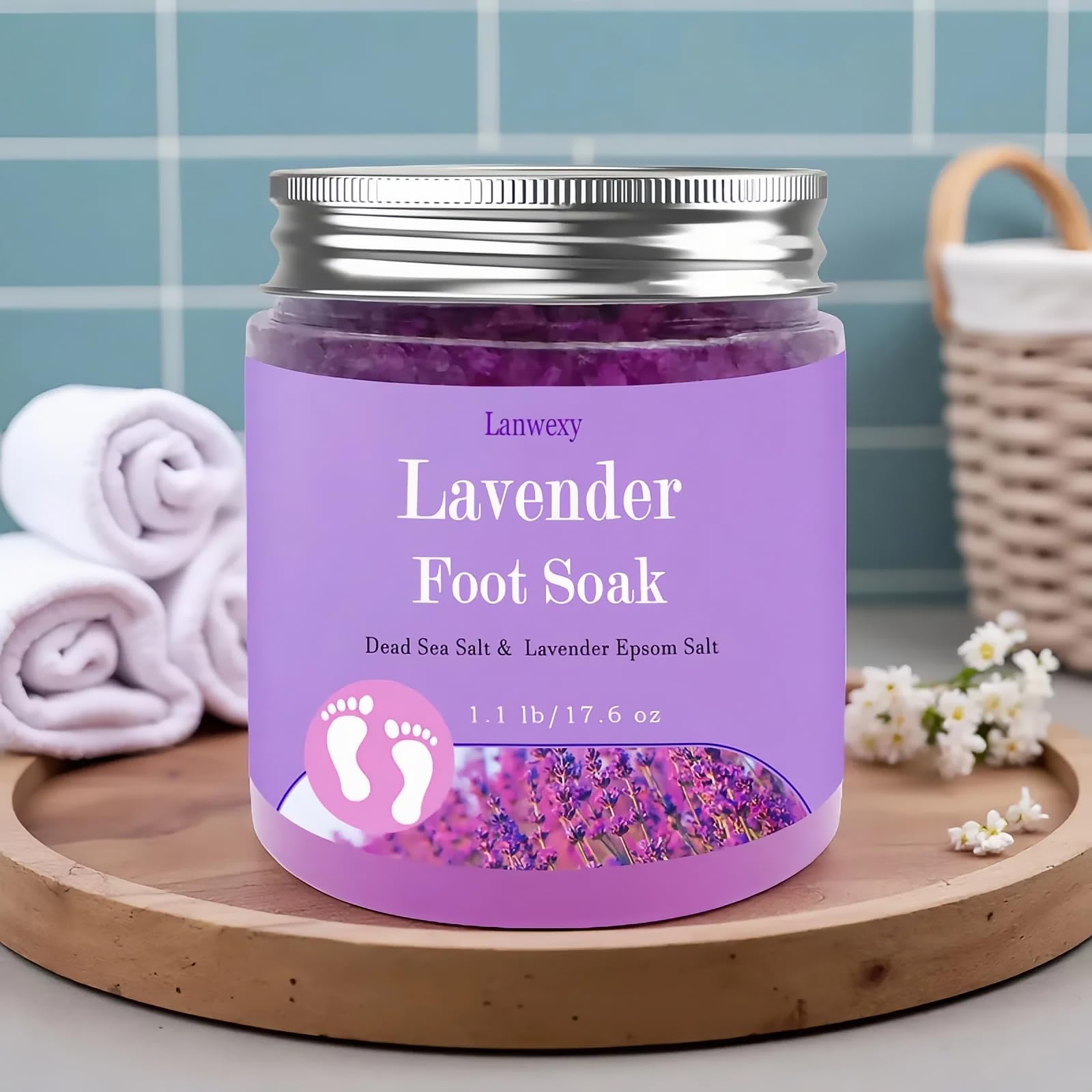 Lanwexy jar styled in bathroom spa setting conveying relaxation benefit