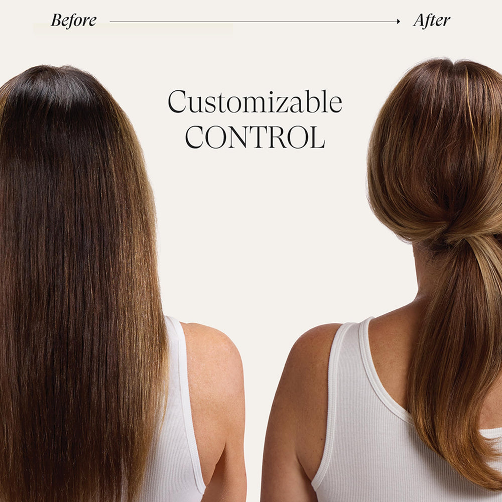 Before and after using L’ANZA illustrating reduced flyaways and shine