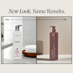 L’ANZA label close-up highlighting keratin healing and colorcare benefits