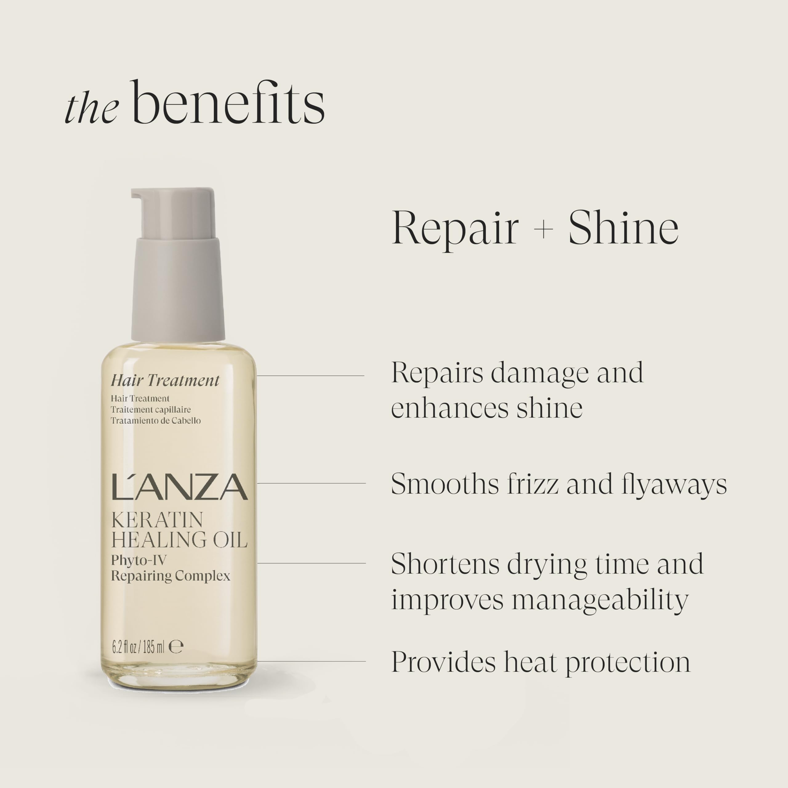 L’ANZA ingredient label close-up highlighting keratin and botanicals benefits