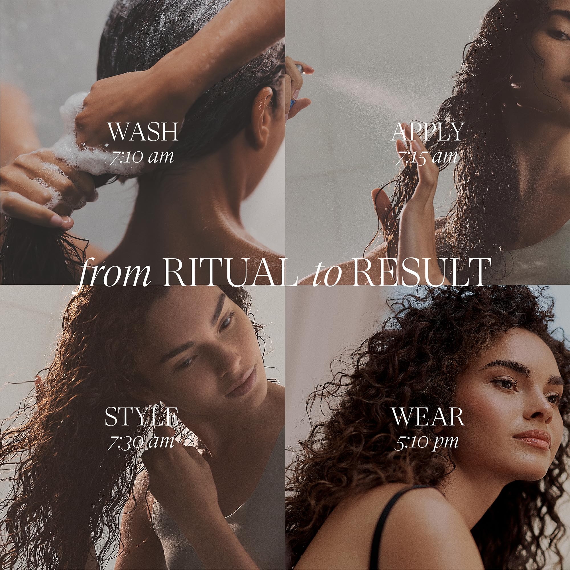 Close-up droplets of L’ANZA on hair, highlights quick absorption and shine