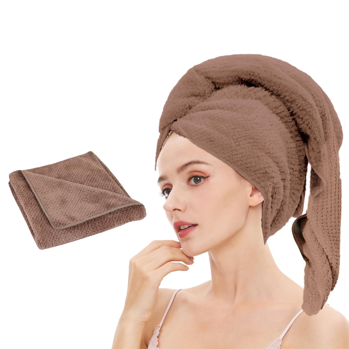 Laojbaba dark brown towel front view shows compact package and quick-dry benefit