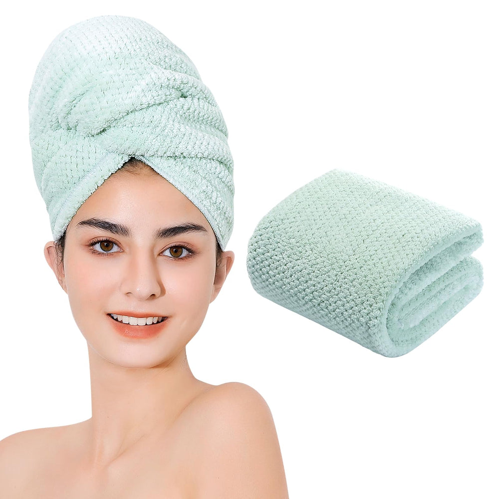 Laojbaba front view of green microfiber towel showing full wrap for quick drying