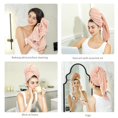 Laojbaba towel worn on head in bathroom showing secure hands-free drying