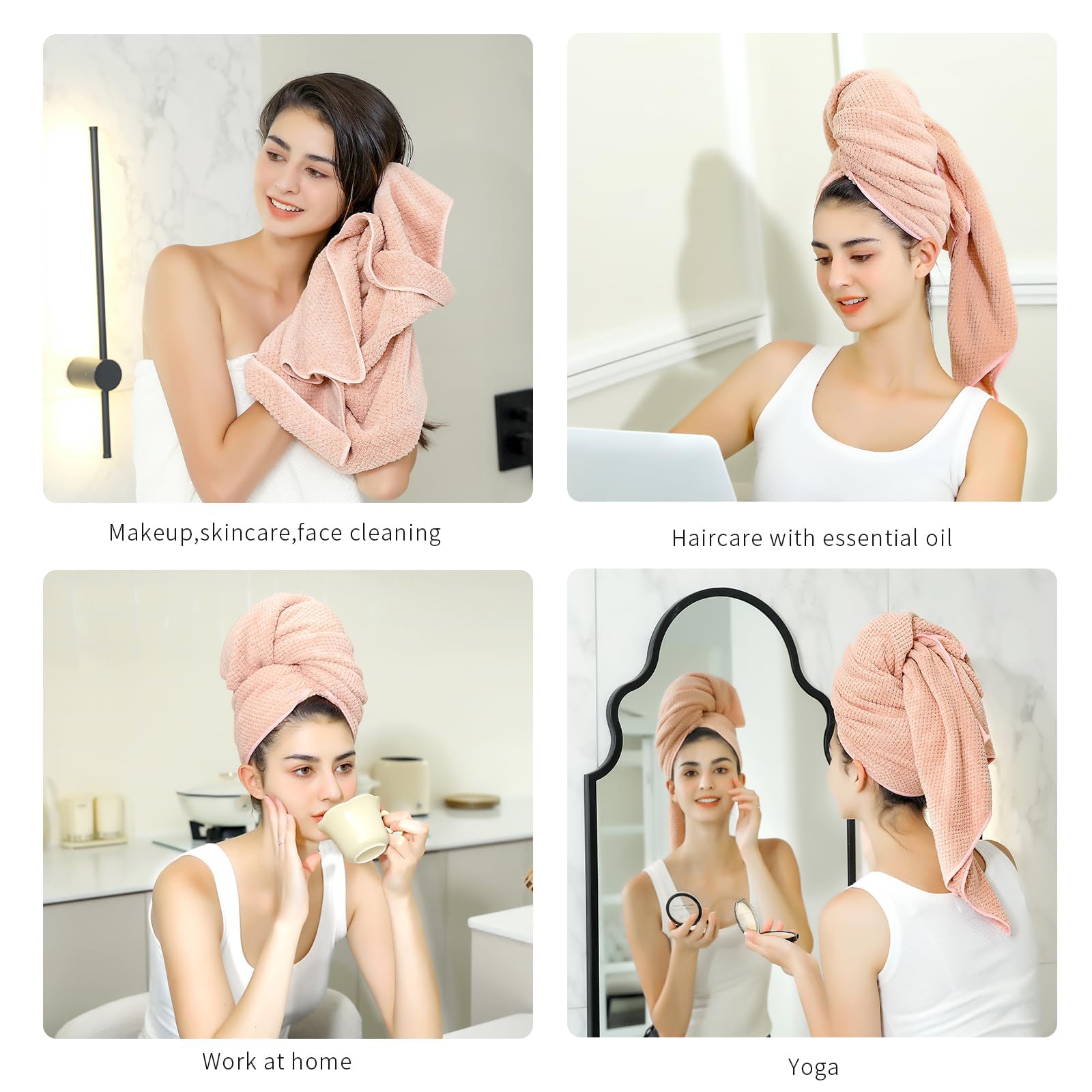 Laojbaba towel wrapped on head demonstrating secure fit and comfort
